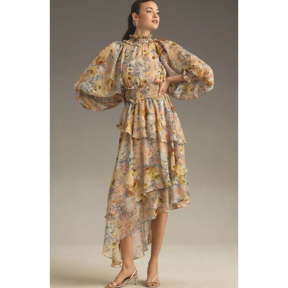 Elliatt Astrid Long-Sleeve Mock-Neck Asymmetrical Midi Dress Wedding Guest NWT M